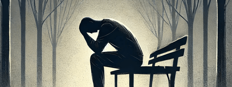 אדם יושב שפוף על ספסל בפארק, לבדו בין עצים חשופים, מביע עצב וקושי נפשי.