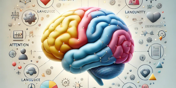 תמונה של מוח אנושי לצד תפקודים קוגניטיביים שונים