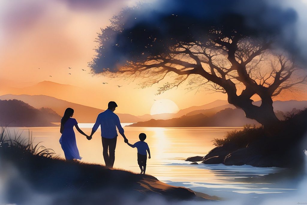 הורים הולכים עם ילדם יד ביד לעבר השקיעה