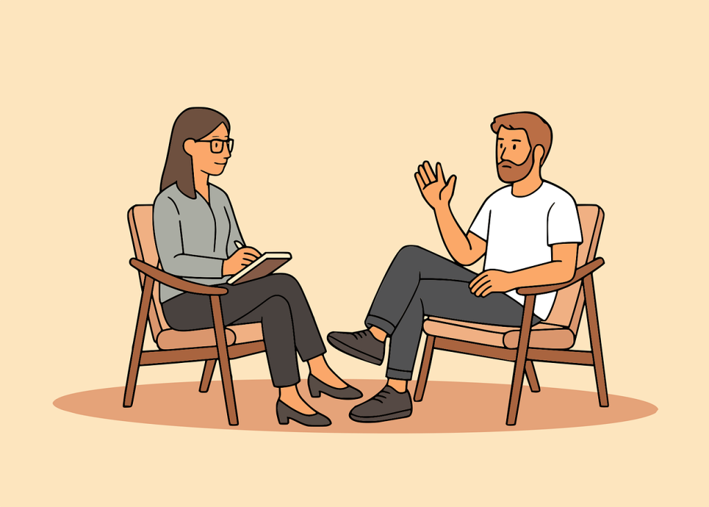 מטפלת ומטופל יושבים בקליניקה כל אחד על כורסה אחד מול השני